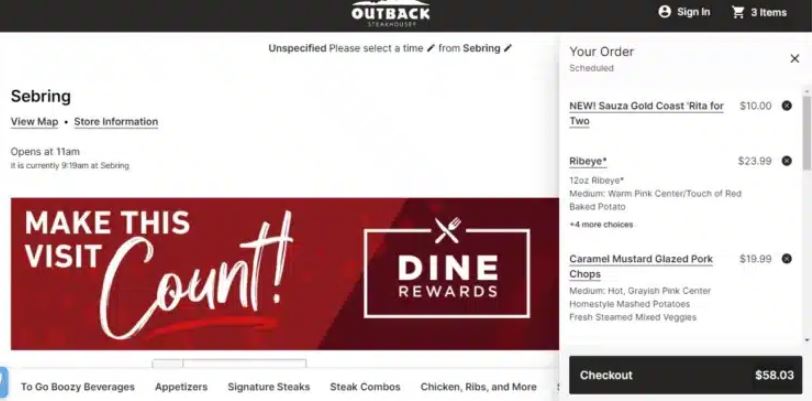 Outback Steakhouse drink menu